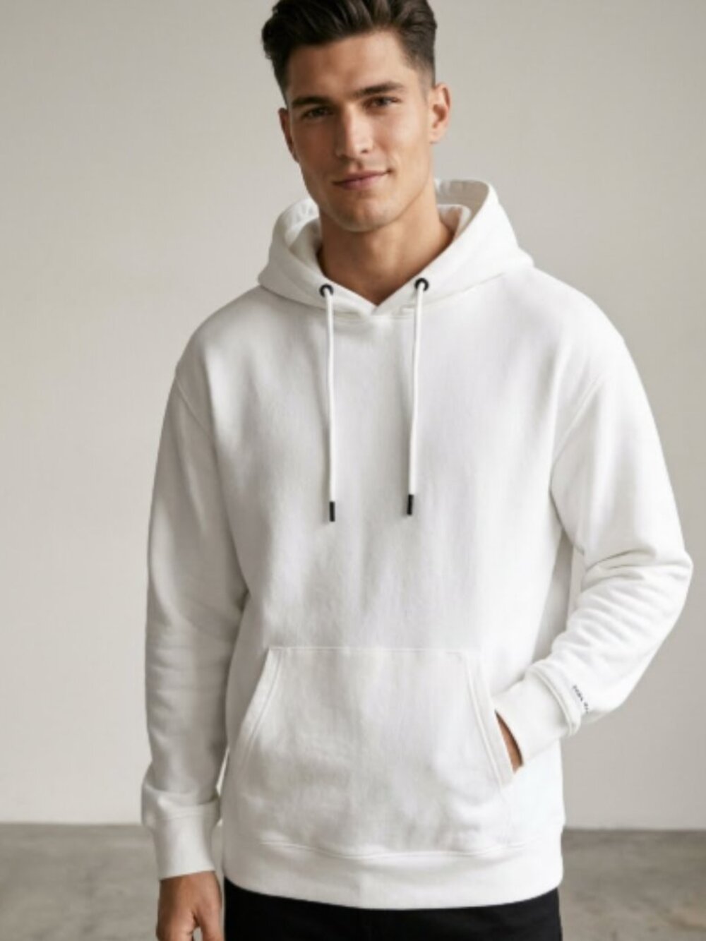 Zara Hoodie Men L White Cotton Blend Pullover Hooded Sweatshirt Pocket Casual